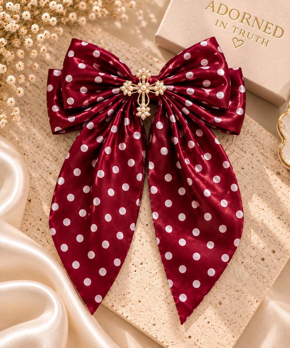 Burgundy Polka Dot Statement Hair Bow Gold Cross Coquette Hair Accessory